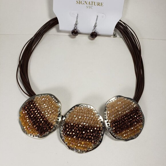 Signature NYC Multi-Strand Brown Cord Necklace Set – Earth-Tone Discs & Earrings - Picture 9 of 9
